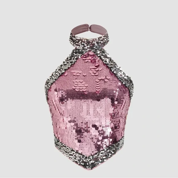 Cider NWT PINK SEQUIN HALTER NECKLINE CONTRASTING BINDING CROP TANK TOP - Medium - Picture 2 of 6